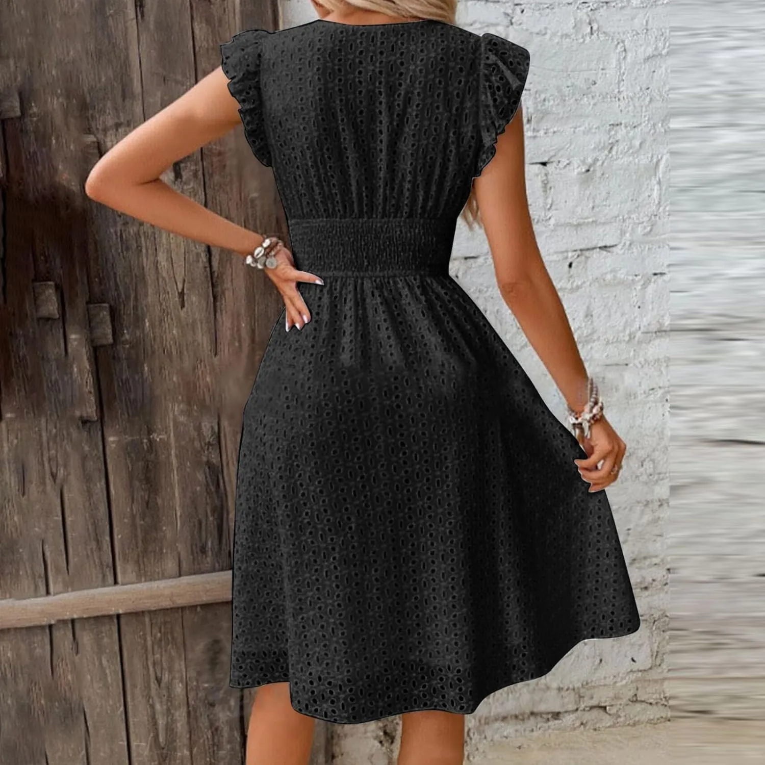 Binmer Women Summer Casual Sleeveless Dress Elastic Smocked Waist Wrap V Neck Sundress Hollow Out Eyelet Swing Beach Dresses