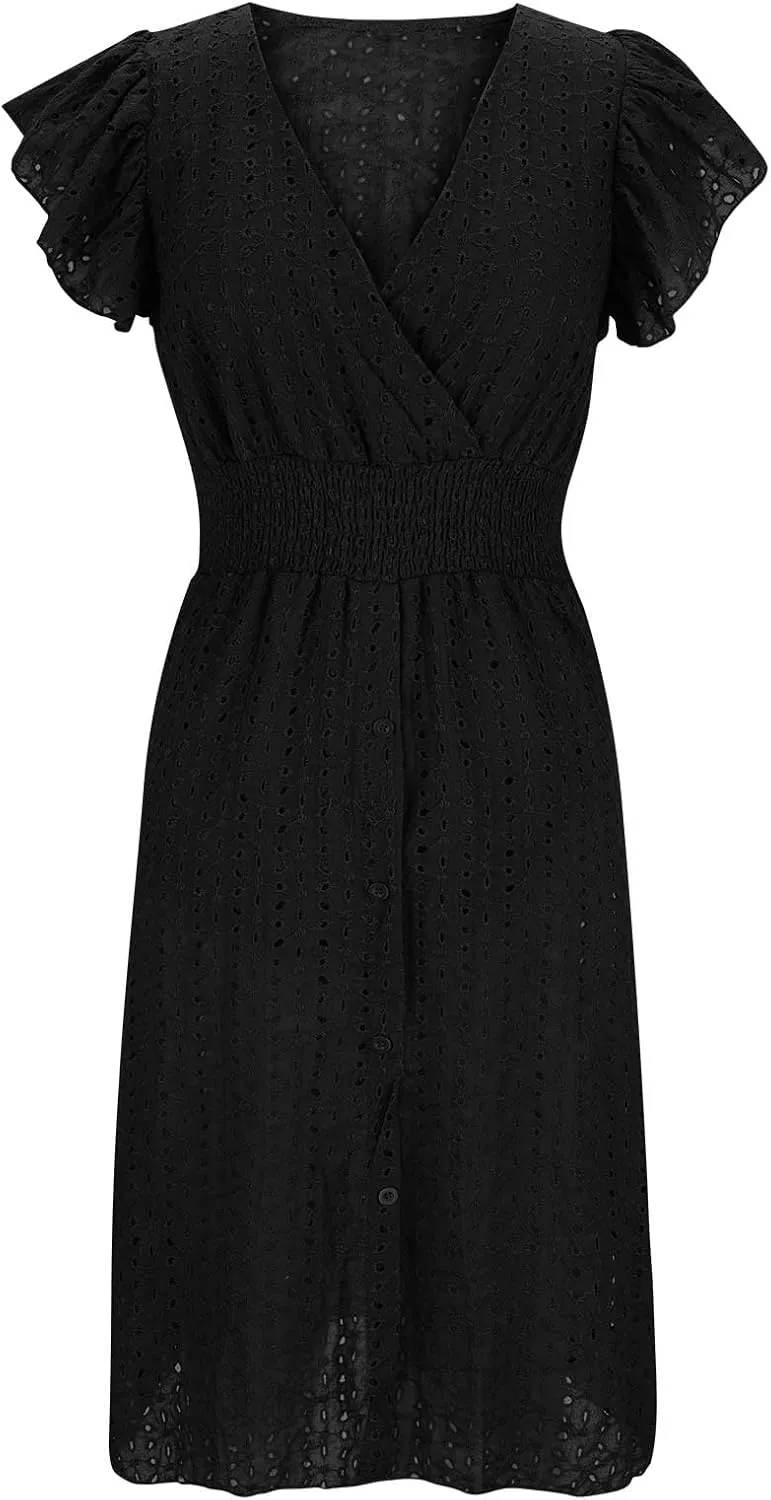 Binmer Women Summer Casual Sleeveless Dress Elastic Smocked Waist Wrap V Neck Sundress Hollow Out Eyelet Swing Beach Dresses