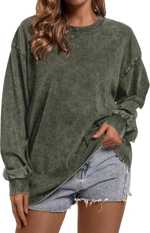 BINTEHGS Crewneck Oversized Sweatshirt for Women Loose Fit Long Sleeve Shirts Vintage Acid Wash Tshirt Basic Solid Color Tee