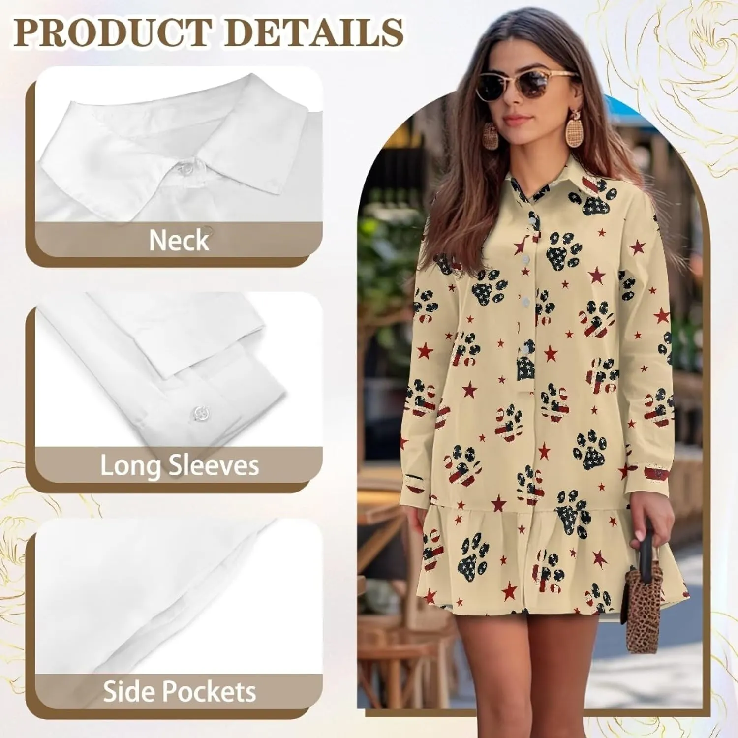 Biyejit Women's Tunic Dresses Casual V Neck Button Down Polo Shirt Dress Long Sleeve Flowy Mini Shirt Dress with Pocket