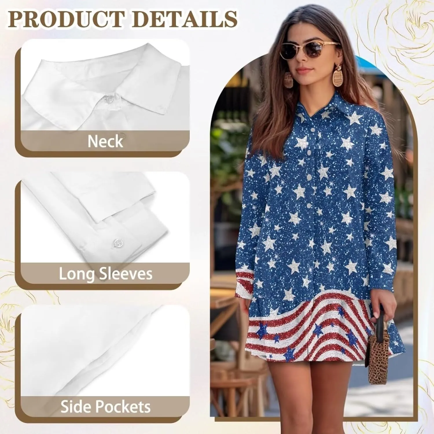 Biyejit Women's Tunic Dresses Casual V Neck Button Down Polo Shirt Dress Long Sleeve Flowy Mini Shirt Dress with Pocket
