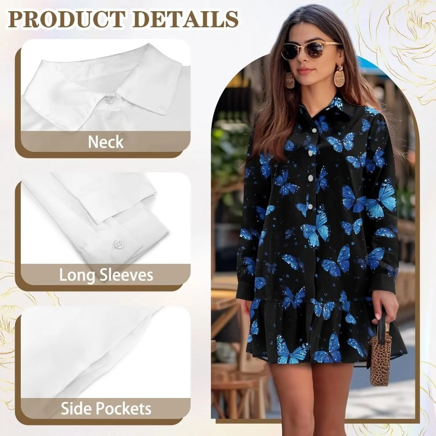 Biyejit Women's Tunic Dresses Casual V Neck Button Down Polo Shirt Dress Long Sleeve Flowy Mini Shirt Dress with Pocket