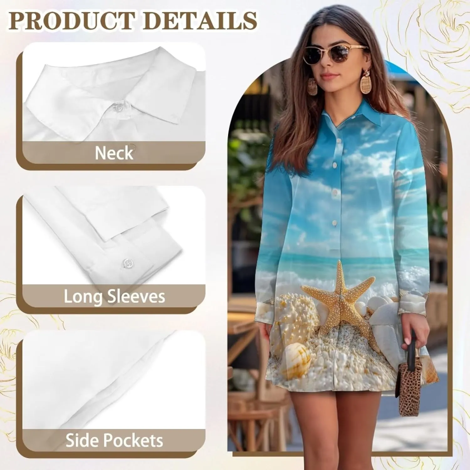 Biyejit Women's Tunic Dresses Casual V Neck Button Down Polo Shirt Dress Long Sleeve Flowy Mini Shirt Dress with Pocket