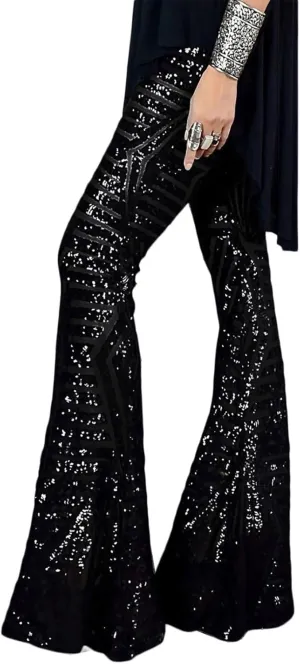 BLENCOT Women's Sequin Palazzo Pants Glitter Wide Leg High Waist Bell Bottoms Night Club Flared Trousers Black 2XL