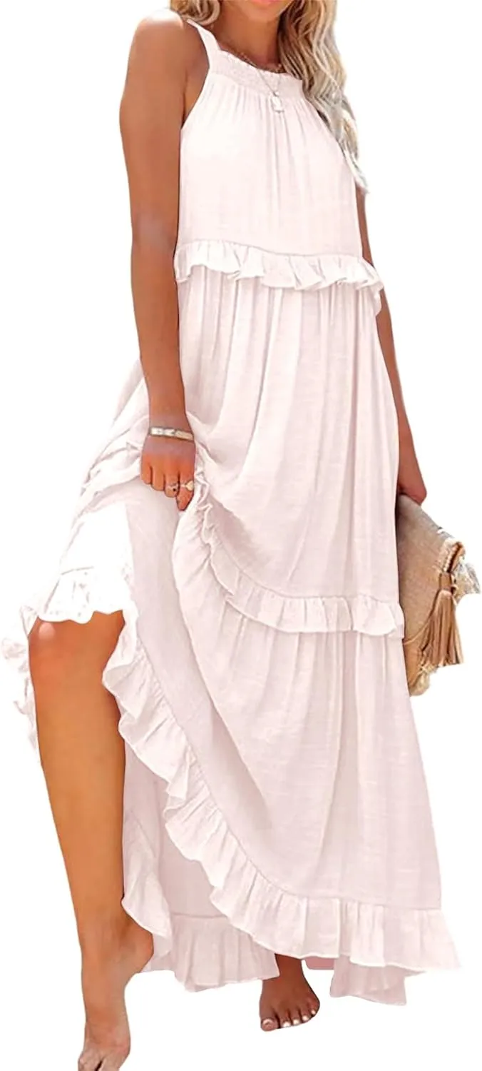 Boho Dress for Women Long Sleeveless Maxi Dress Halter Layered Ruffles Flowy Sundress Summer Beach Casual Loose Dress