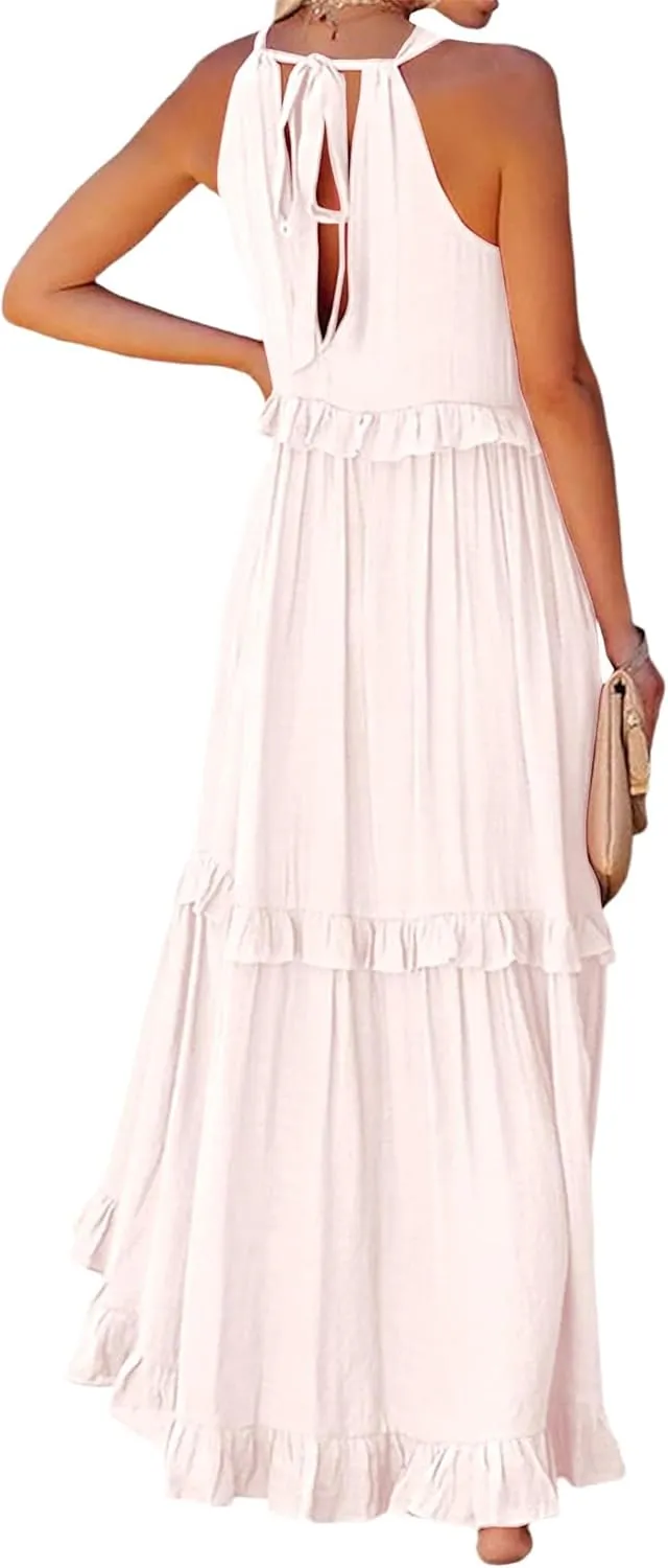 Boho Dress for Women Long Sleeveless Maxi Dress Halter Layered Ruffles Flowy Sundress Summer Beach Casual Loose Dress