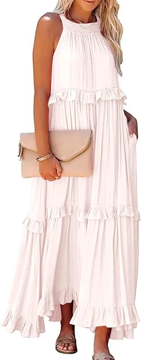 Boho Dress for Women Long Sleeveless Maxi Dress Halter Layered Ruffles Flowy Sundress Summer Beach Casual Loose Dress