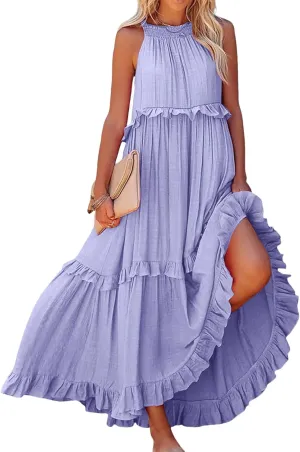 Boho Dress for Women Long Sleeveless Maxi Dress Halter Layered Ruffles Flowy Sundress Summer Beach Casual Loose Dress