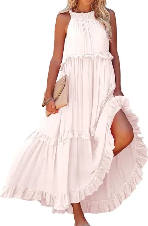 Boho Dress for Women Long Sleeveless Maxi Dress Halter Layered Ruffles Flowy Sundress Summer Beach Casual Loose Dress