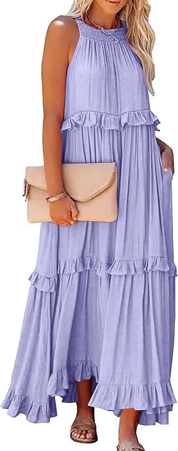 Boho Dress for Women Long Sleeveless Maxi Dress Halter Layered Ruffles Flowy Sundress Summer Beach Casual Loose Dress