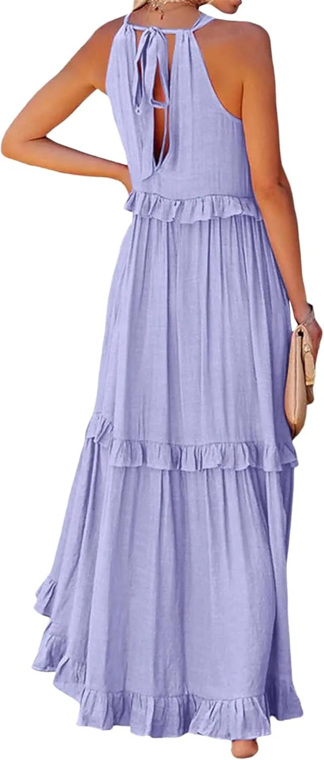 Boho Dress for Women Long Sleeveless Maxi Dress Halter Layered Ruffles Flowy Sundress Summer Beach Casual Loose Dress