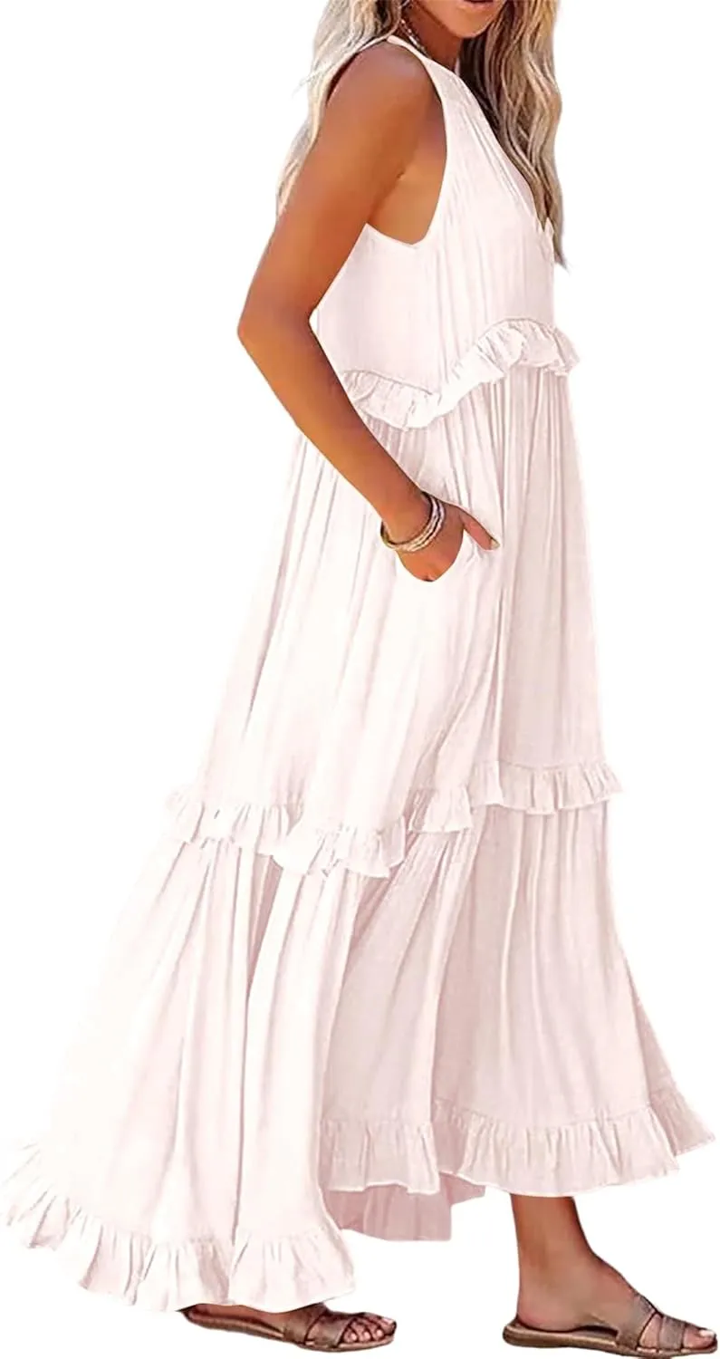 Boho Dress for Women Long Sleeveless Maxi Dress Halter Layered Ruffles Flowy Sundress Summer Beach Casual Loose Dress