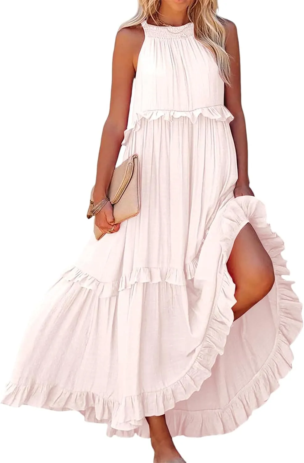Boho Dress for Women Long Sleeveless Maxi Dress Halter Layered Ruffles Flowy Sundress Summer Beach Casual Loose Dress