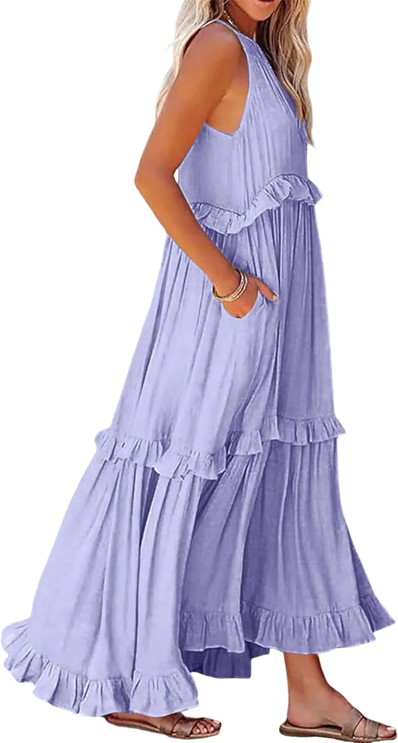 Boho Dress for Women Long Sleeveless Maxi Dress Halter Layered Ruffles Flowy Sundress Summer Beach Casual Loose Dress