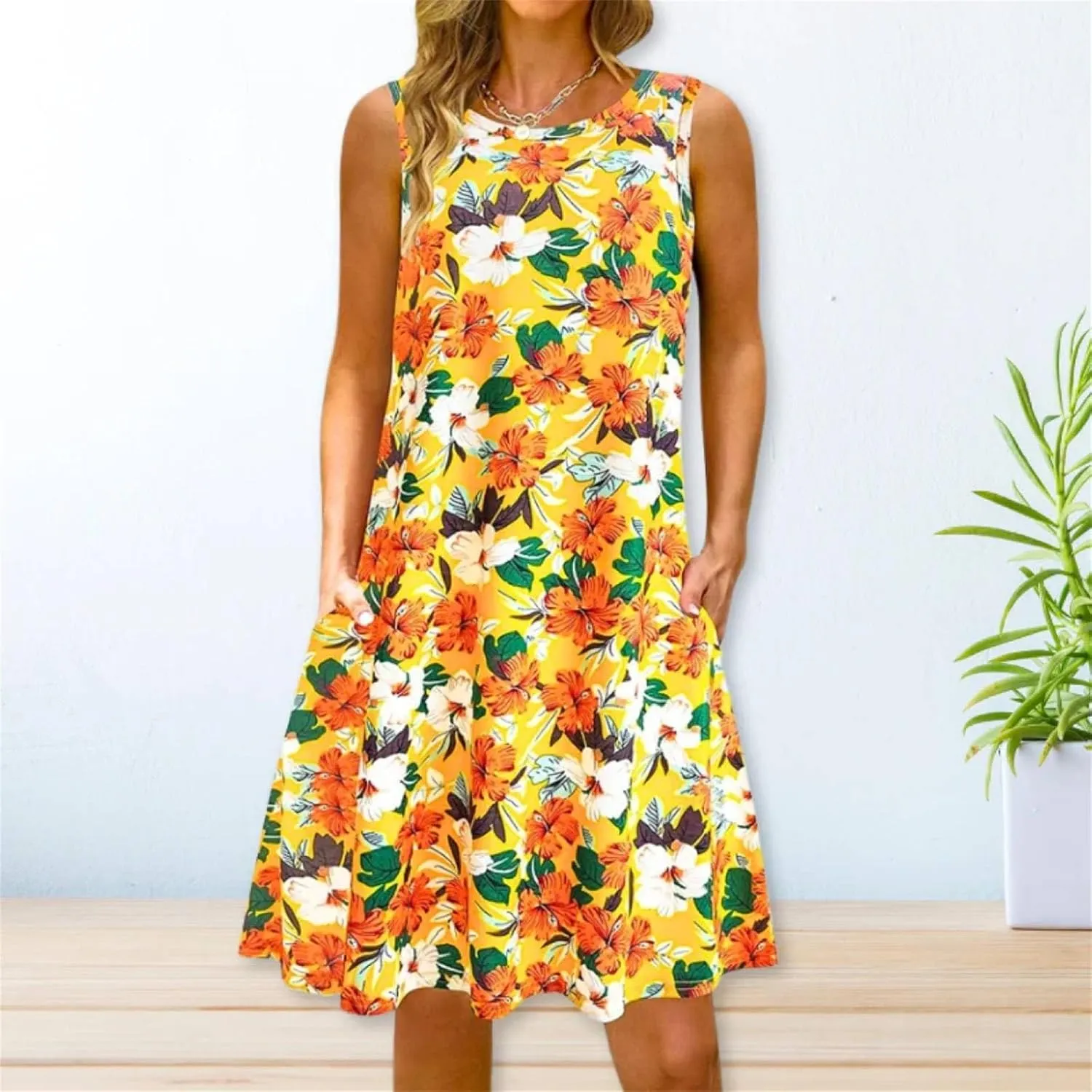 Boho Dresses for Women 2024 Summer Midi Dress Casual Spring Floral Print Tank Sleeveless Flowy Short Beach Sun Dress