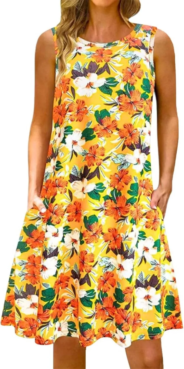 Boho Dresses for Women 2024 Summer Midi Dress Casual Spring Floral Print Tank Sleeveless Flowy Short Beach Sun Dress