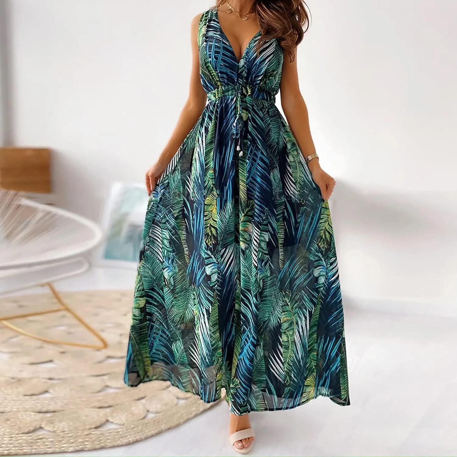 Boho Summer Dresses for Women 2025 Casual Floral Maxi Dress Sleeveless Bohemian Long Sundress Flowy Beach Dresses