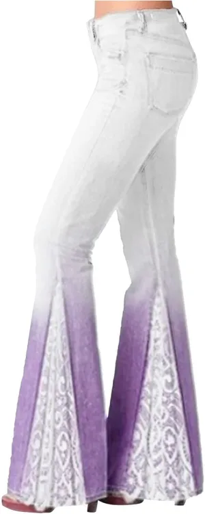 Bootcut Jeans for Women Lace Patchwork Bell Bottom Flare Denim Pants Gradient Stretch High Waist Trousers