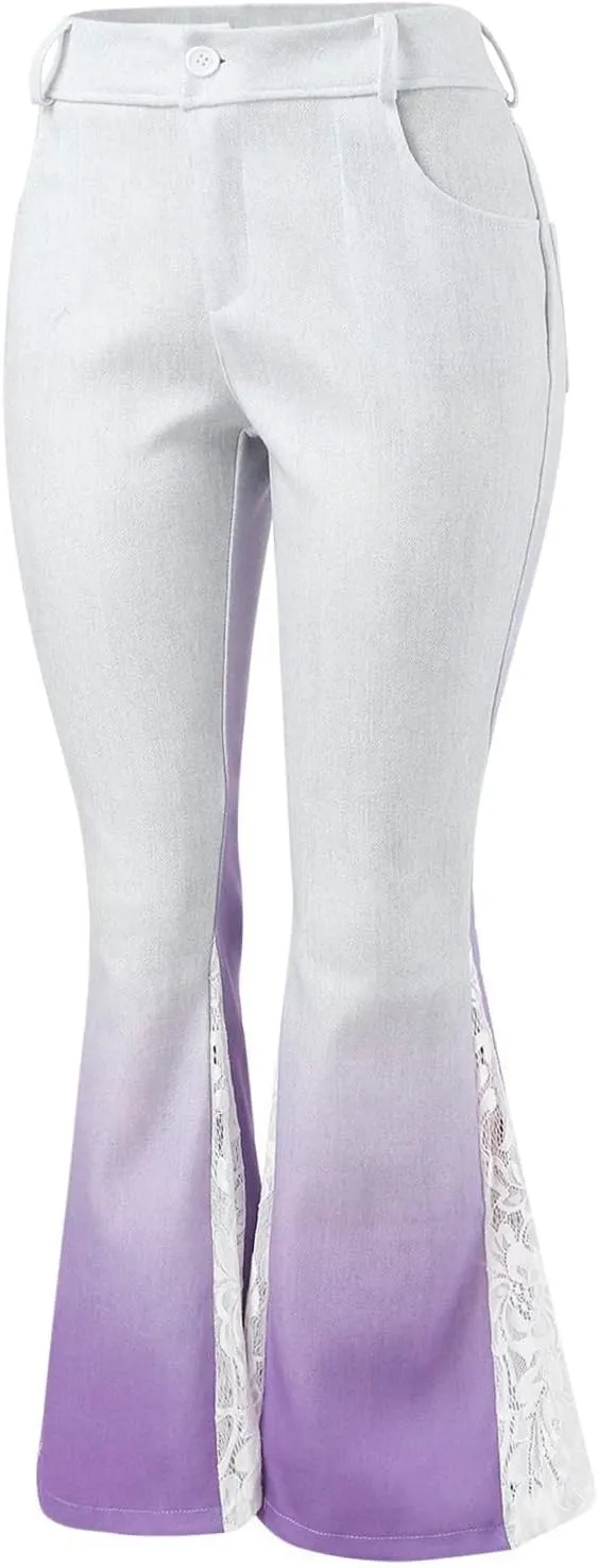 Bootcut Jeans for Women Lace Patchwork Bell Bottom Flare Denim Pants Gradient Stretch High Waist Trousers
