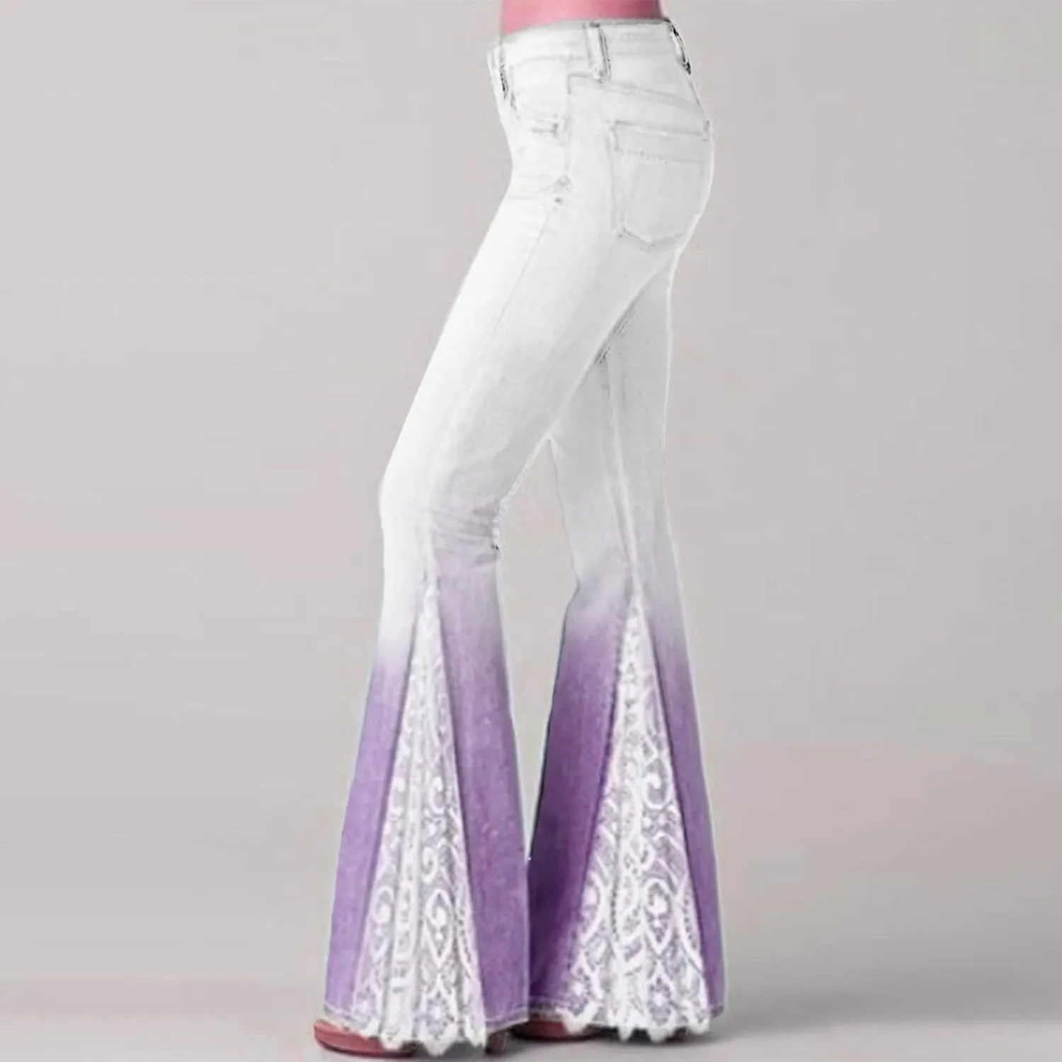 Bootcut Jeans for Women Lace Patchwork Bell Bottom Flare Denim Pants Gradient Stretch High Waist Trousers