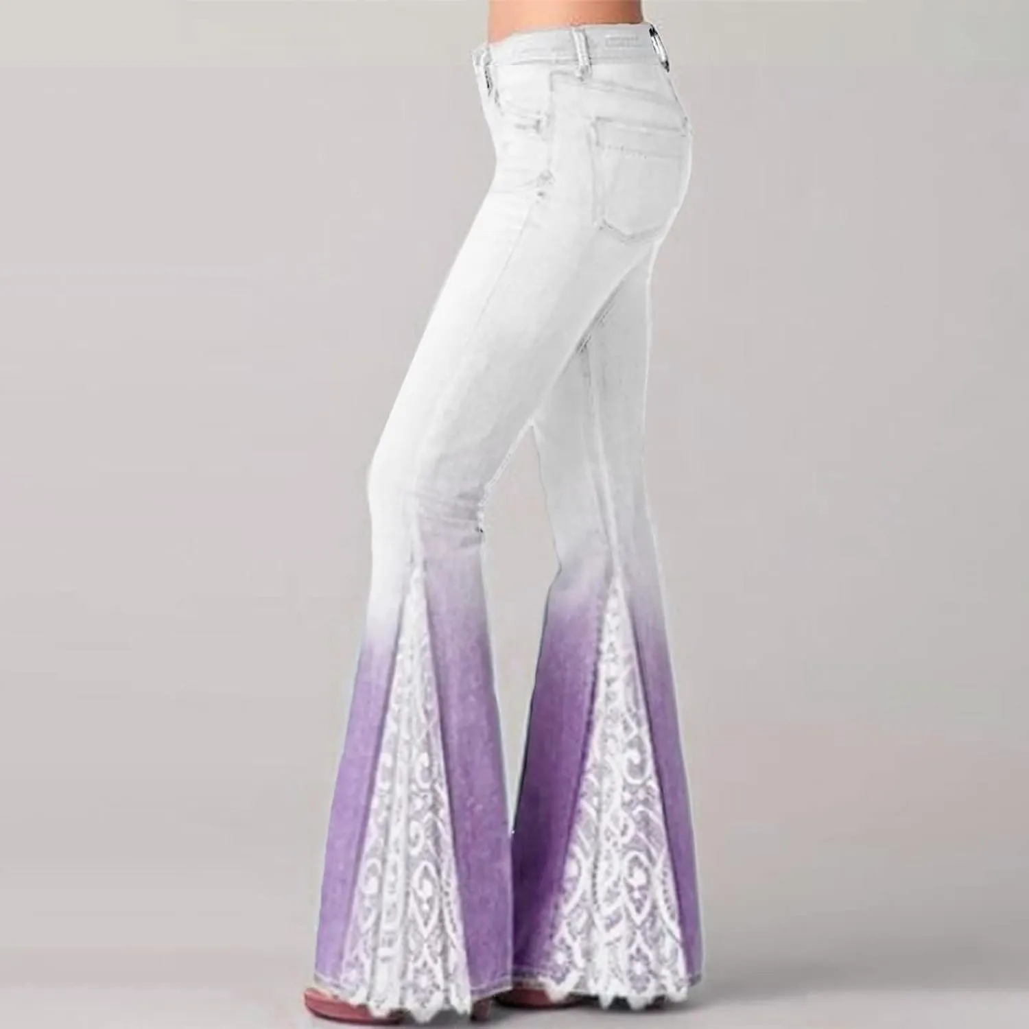 Bootcut Jeans for Women Lace Patchwork Bell Bottom Flare Denim Pants Gradient Stretch High Waist Trousers