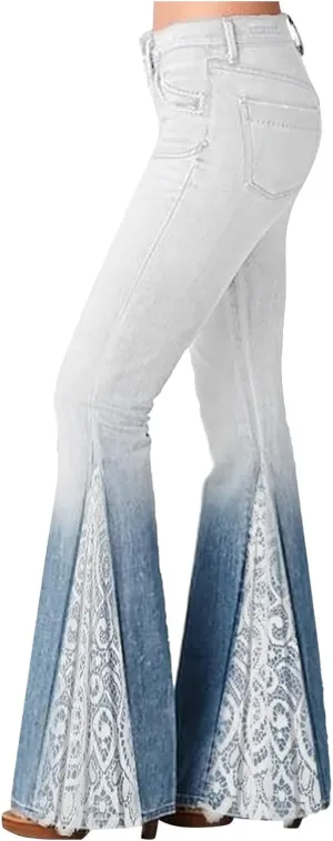 Bootcut Jeans for Women Lace Patchwork Bell Bottom Flare Denim Pants Gradient Stretch High Waist Trousers
