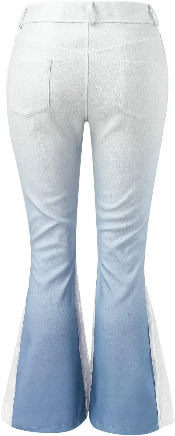 Bootcut Jeans for Women Lace Patchwork Bell Bottom Flare Denim Pants Gradient Stretch High Waist Trousers