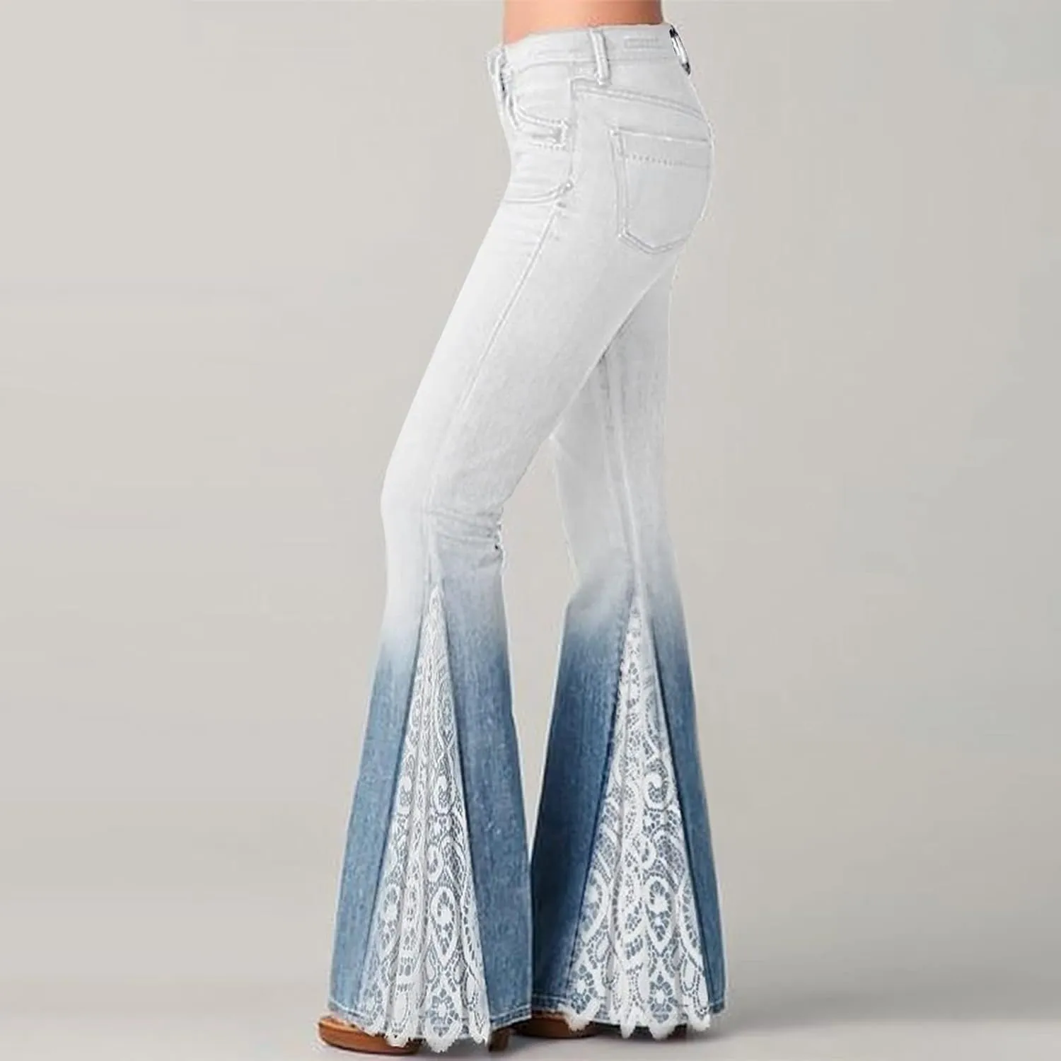 Bootcut Jeans for Women Lace Patchwork Bell Bottom Flare Denim Pants Gradient Stretch High Waist Trousers