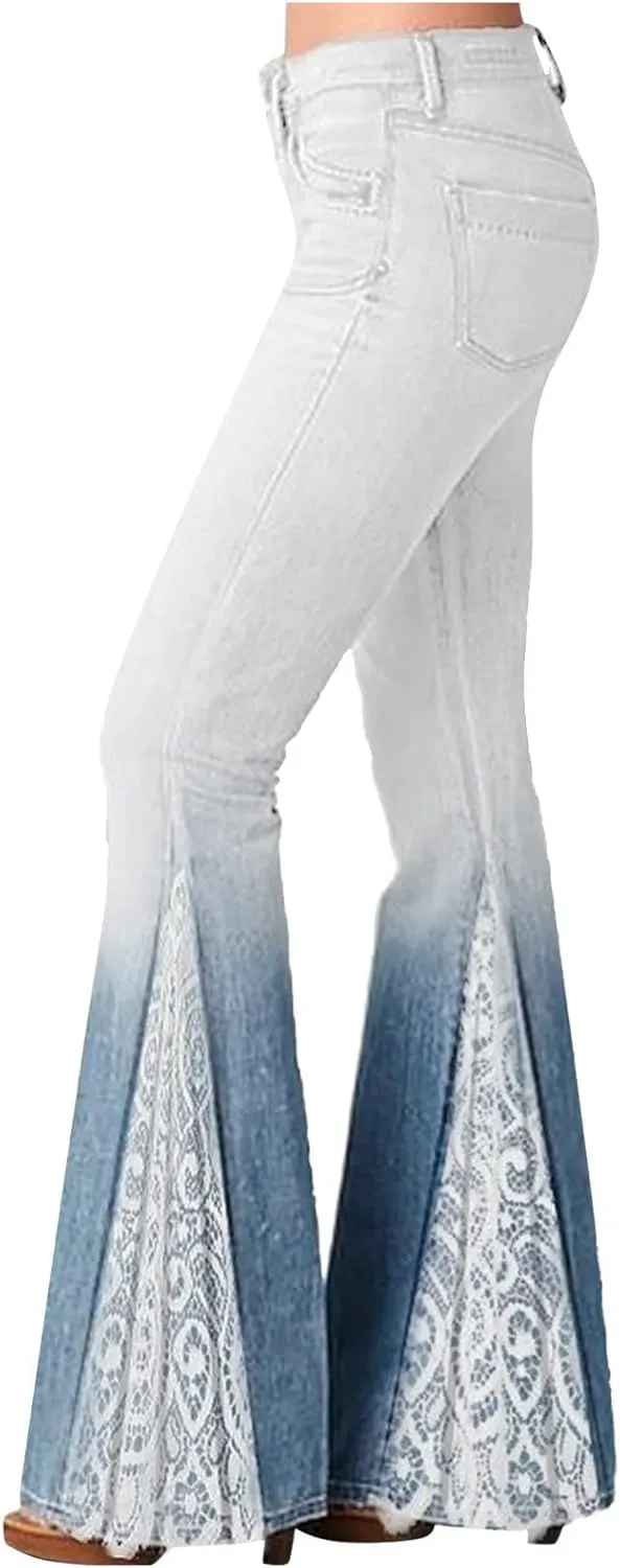 Bootcut Jeans for Women Lace Patchwork Bell Bottom Flare Denim Pants Gradient Stretch High Waist Trousers