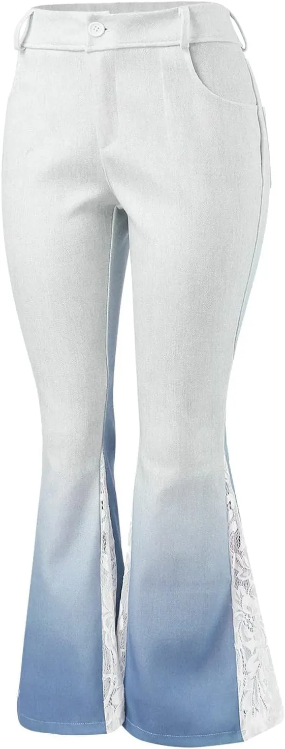 Bootcut Jeans for Women Lace Patchwork Bell Bottom Flare Denim Pants Gradient Stretch High Waist Trousers