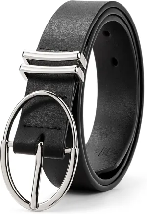 BOSTANTEN Women Belts For Jeans Dresses Pants Trendy Ladies Leather Waist Black Belt with Silver Oval Buckle