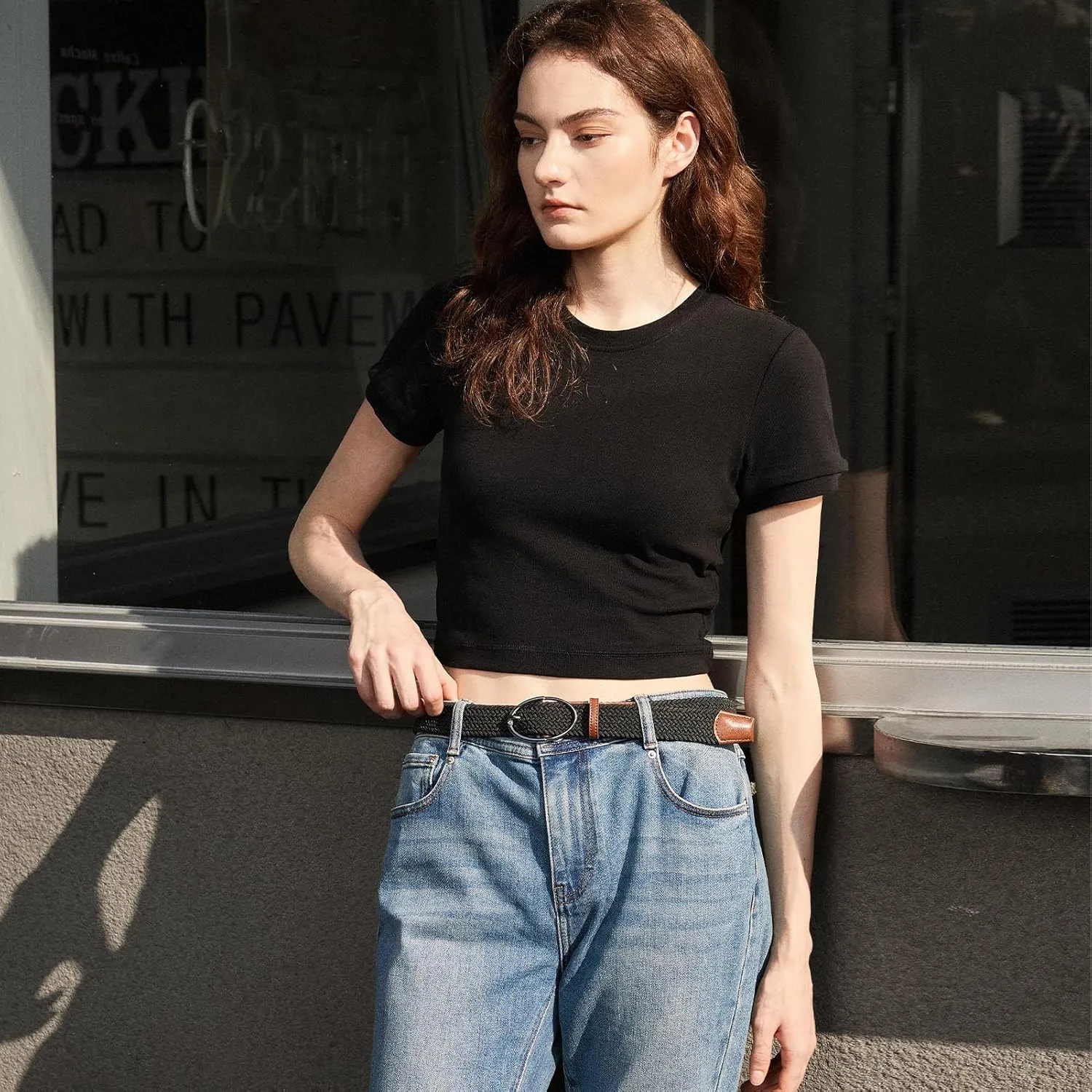BOSTANTEN Women Belts For Jeans Dresses Pants Trendy Ladies Leather Waist Black Belt with Silver Oval Buckle