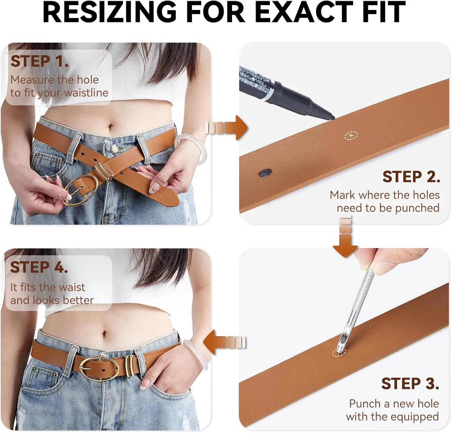 BOSTANTEN Women Belts For Jeans Dresses Pants Trendy Ladies Leather Waist Black Belt with Silver Oval Buckle