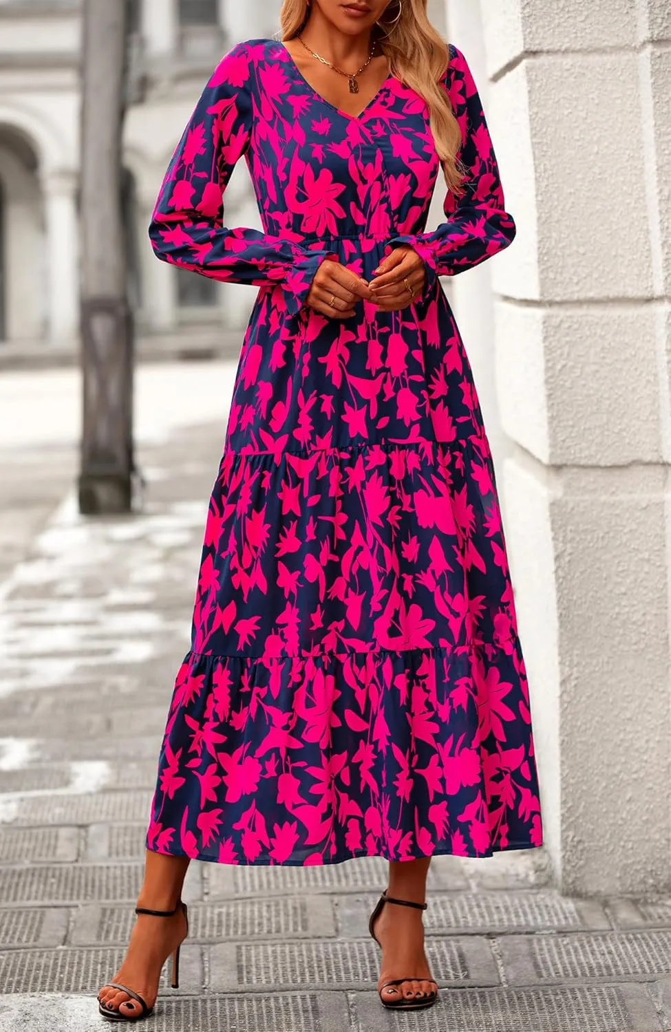 BTFBM Women Spring Dresses 2025 Casual Long Sleeve V Neck Maxi Dresses Floral Boho Long Dress Wedding Guest Dress