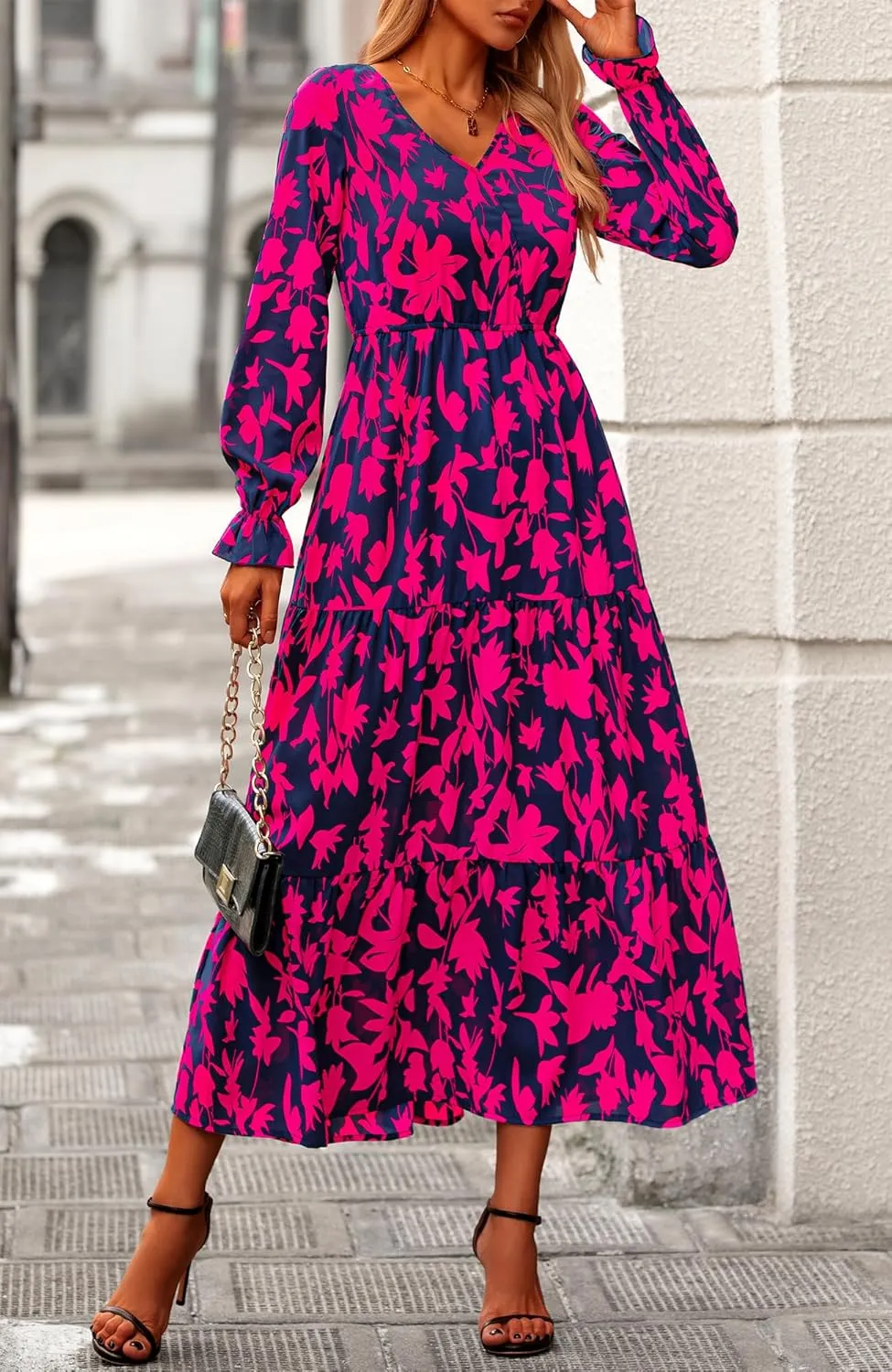 BTFBM Women Spring Dresses 2025 Casual Long Sleeve V Neck Maxi Dresses Floral Boho Long Dress Wedding Guest Dress