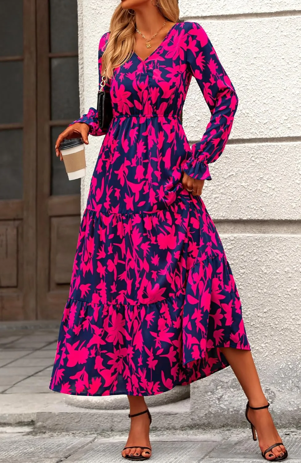 BTFBM Women Spring Dresses 2025 Casual Long Sleeve V Neck Maxi Dresses Floral Boho Long Dress Wedding Guest Dress