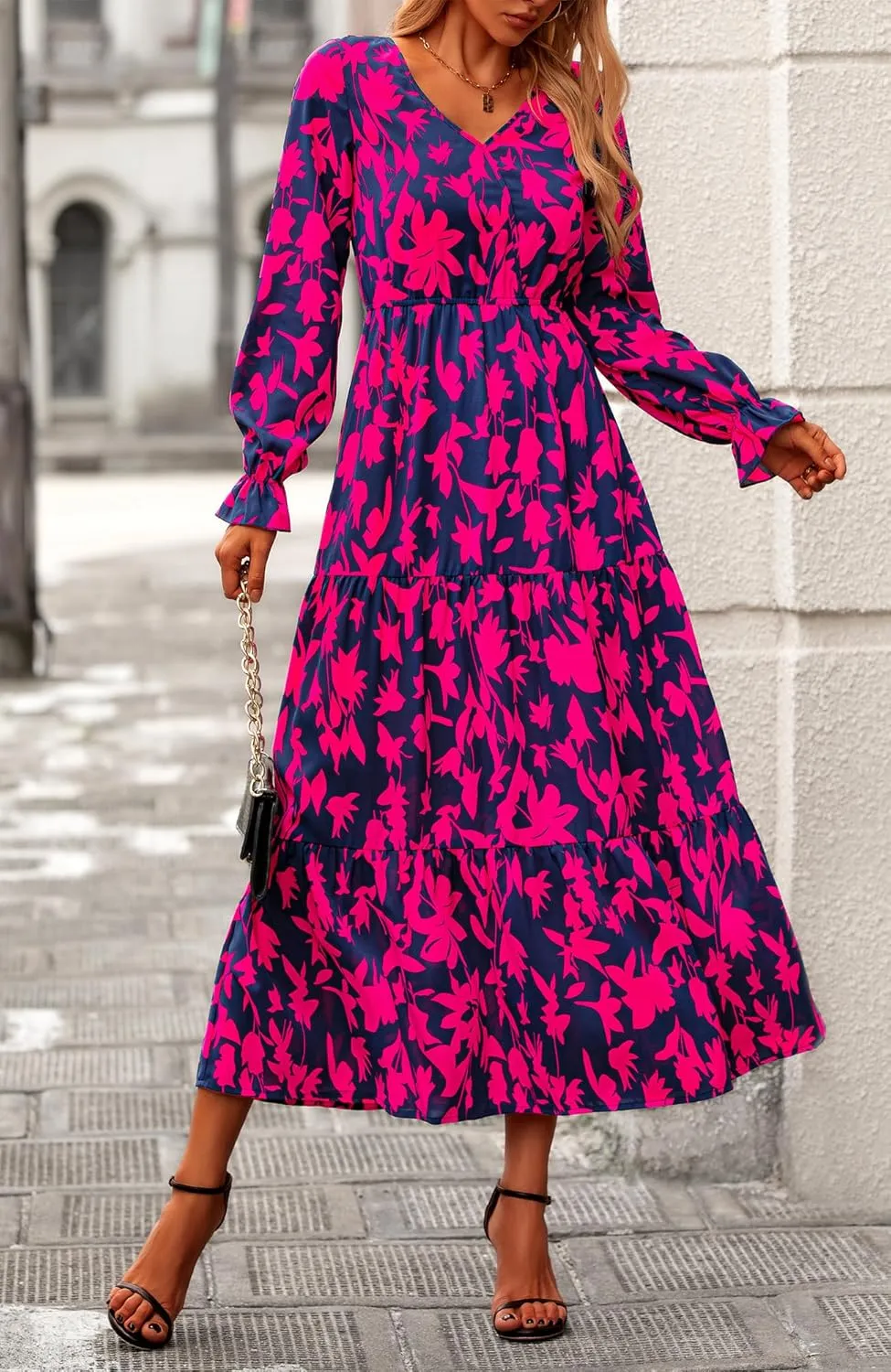 BTFBM Women Spring Dresses 2025 Casual Long Sleeve V Neck Maxi Dresses Floral Boho Long Dress Wedding Guest Dress