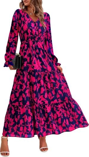 BTFBM Women Spring Dresses 2025 Casual Long Sleeve V Neck Maxi Dresses Floral Boho Long Dress Wedding Guest Dress