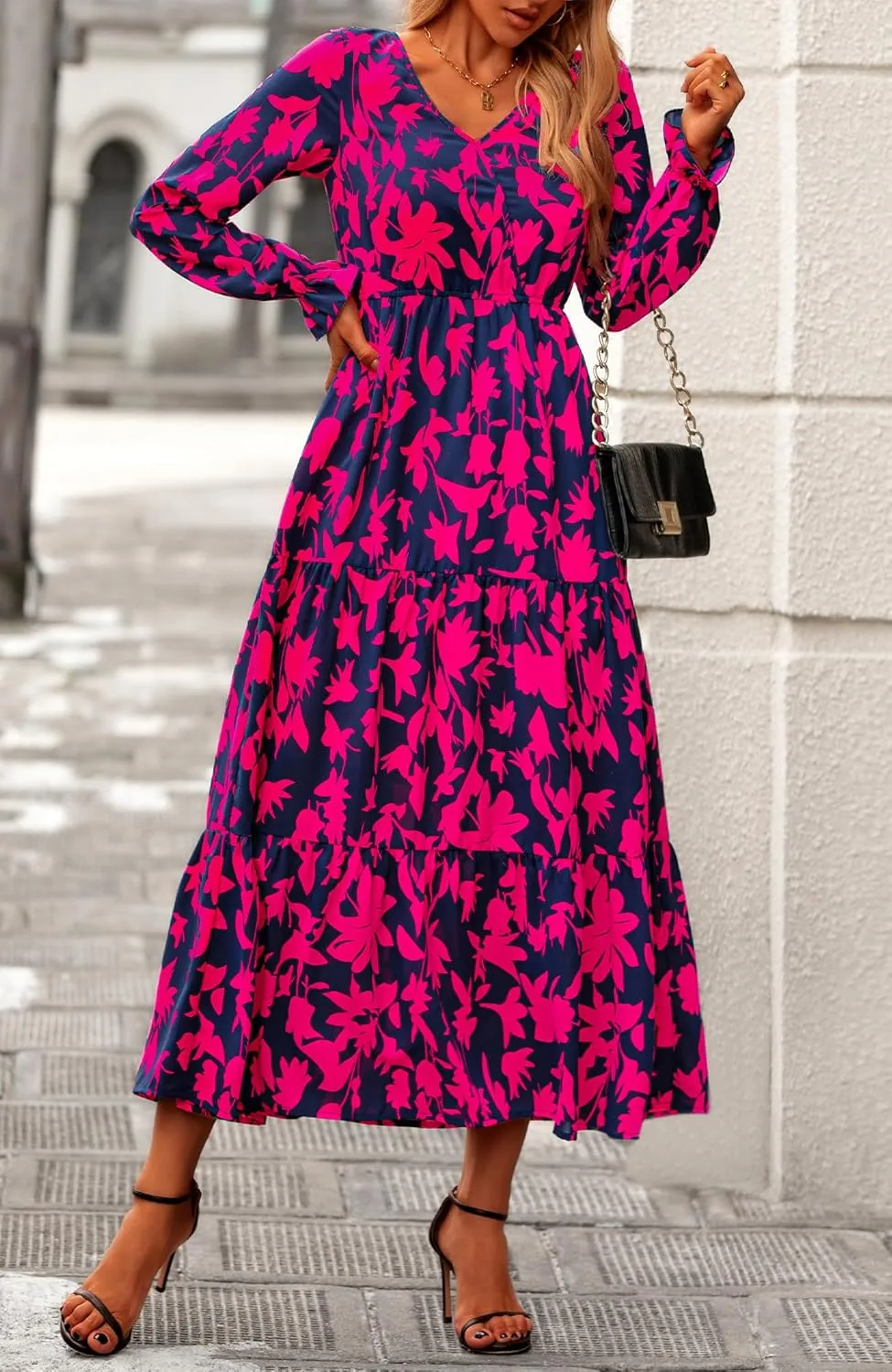 BTFBM Women Spring Dresses 2025 Casual Long Sleeve V Neck Maxi Dresses Floral Boho Long Dress Wedding Guest Dress