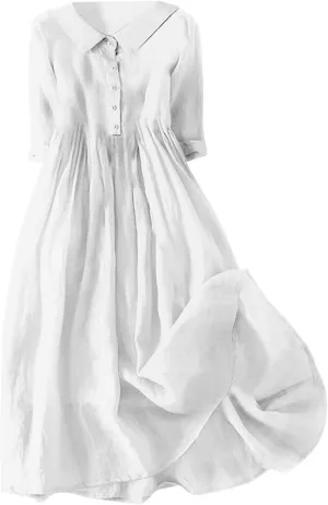 Button Up Midi Dress for Women Smocked Waist A-Line Dress Short Sleeve Solid Flowy Beach Summer Dresses 2025