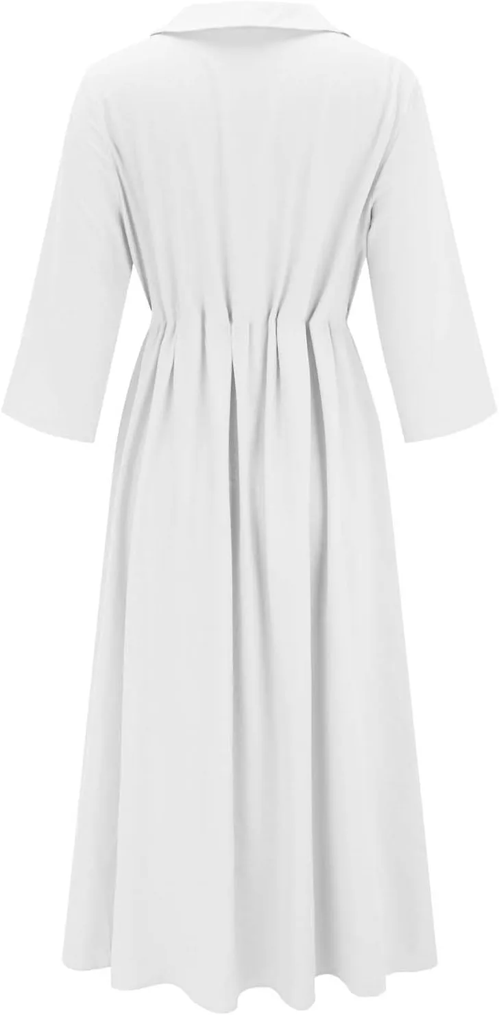 Button Up Midi Dress for Women Smocked Waist A-Line Dress Short Sleeve Solid Flowy Beach Summer Dresses 2025
