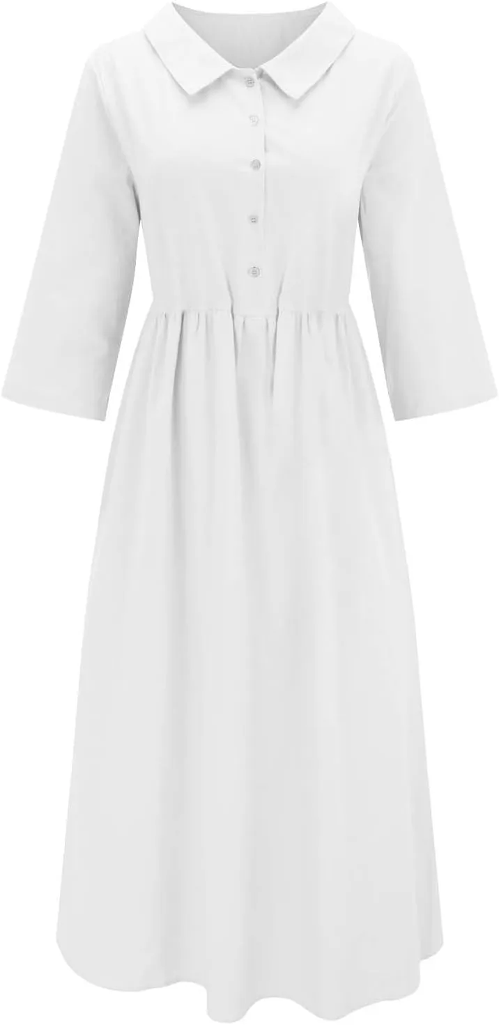 Button Up Midi Dress for Women Smocked Waist A-Line Dress Short Sleeve Solid Flowy Beach Summer Dresses 2025