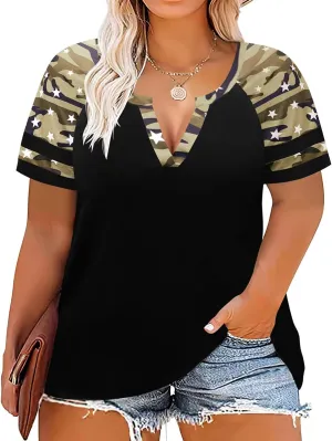 CARCOS Plus Size Tops for Women Short Sleeve Summer Pullover Color Block Crewneck/V Neck Tee Tunic Loose Fit Tshirts XL-5XL