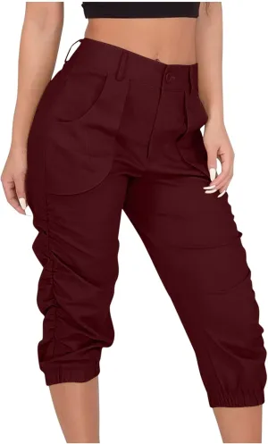 Cargo Capris for Women with Pockets Plus Size Button Up High Waist Capri Pants Ruched Capris Cargos Trousers
