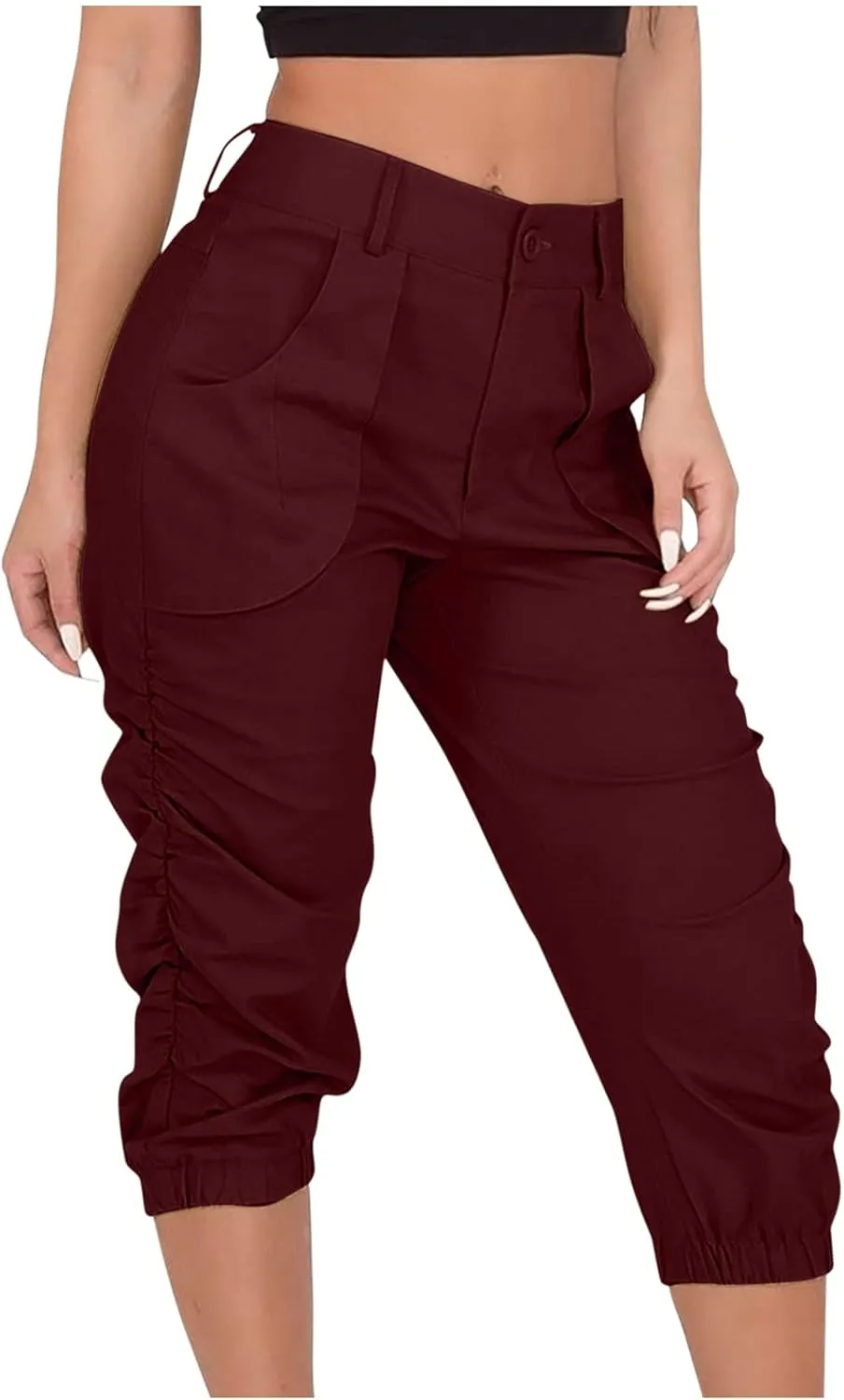 Cargo Capris for Women with Pockets Plus Size Button Up High Waist Capri Pants Ruched Capris Cargos Trousers