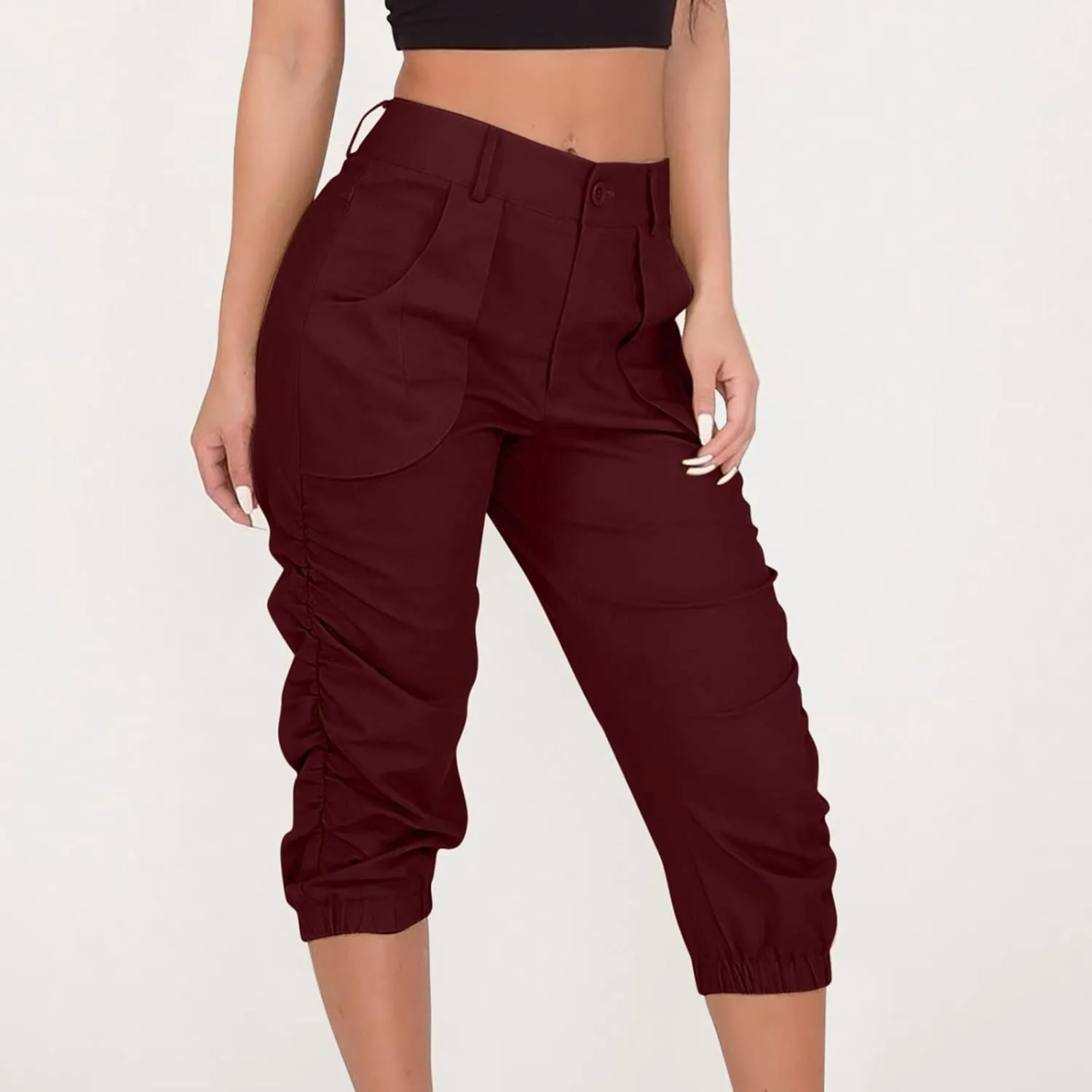 Cargo Capris for Women with Pockets Plus Size Button Up High Waist Capri Pants Ruched Capris Cargos Trousers