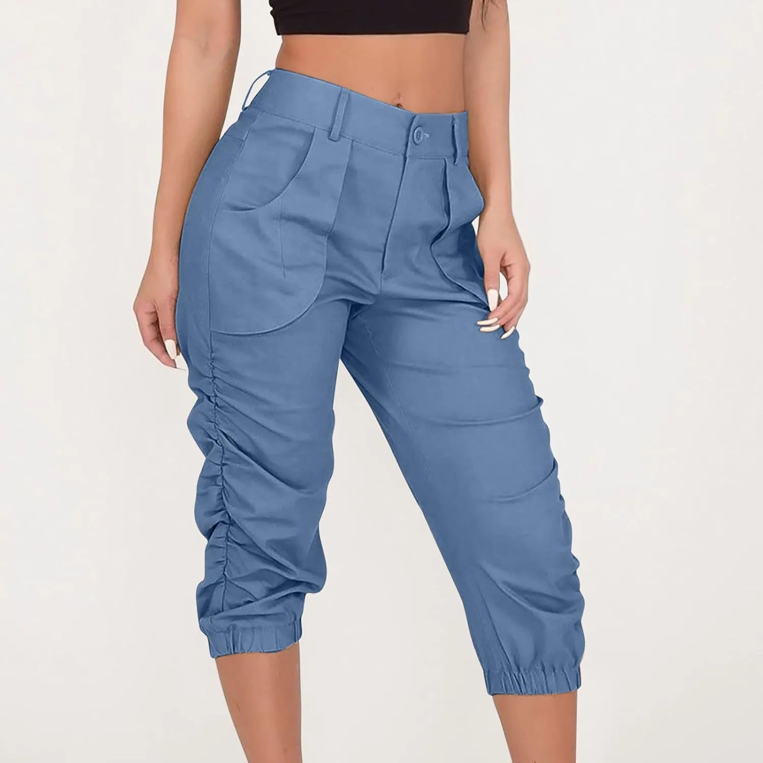 Cargo Capris for Women with Pockets Plus Size Button Up High Waist Capri Pants Ruched Capris Cargos Trousers