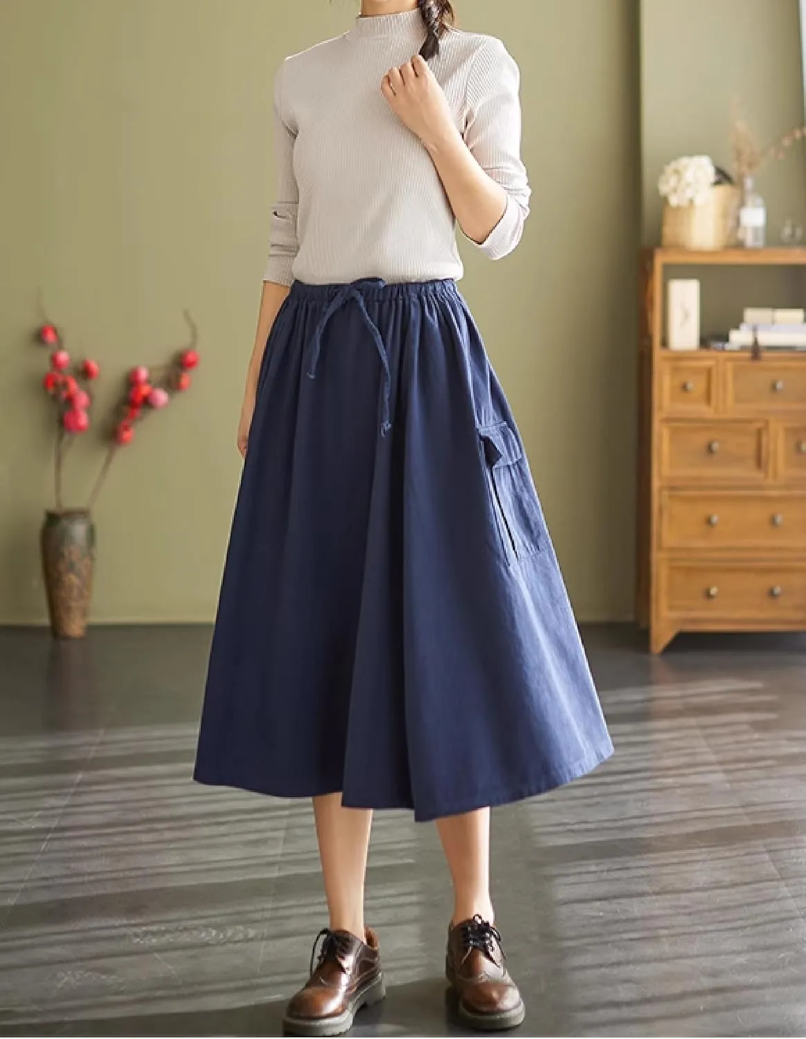 Cargo Maxi Skirt Women's Casual Elastic Waist Pleated A-Line Knee Length Skirt with Pocket for Work & Daily