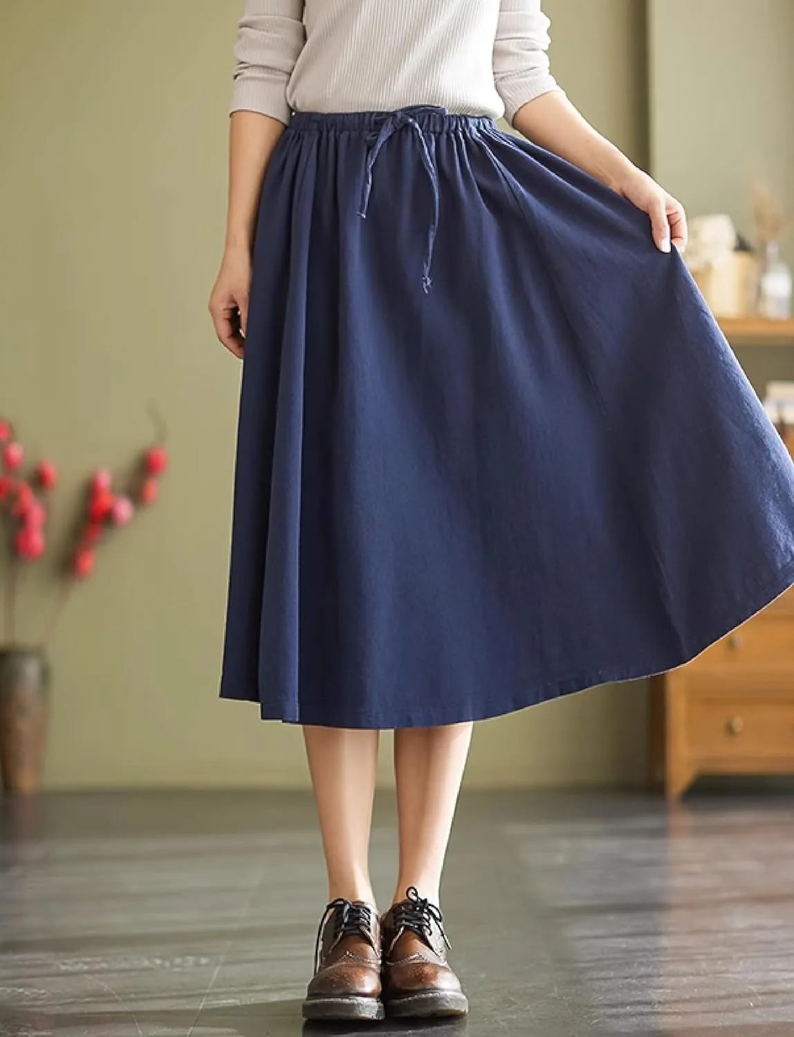 Cargo Maxi Skirt Women's Casual Elastic Waist Pleated A-Line Knee Length Skirt with Pocket for Work & Daily