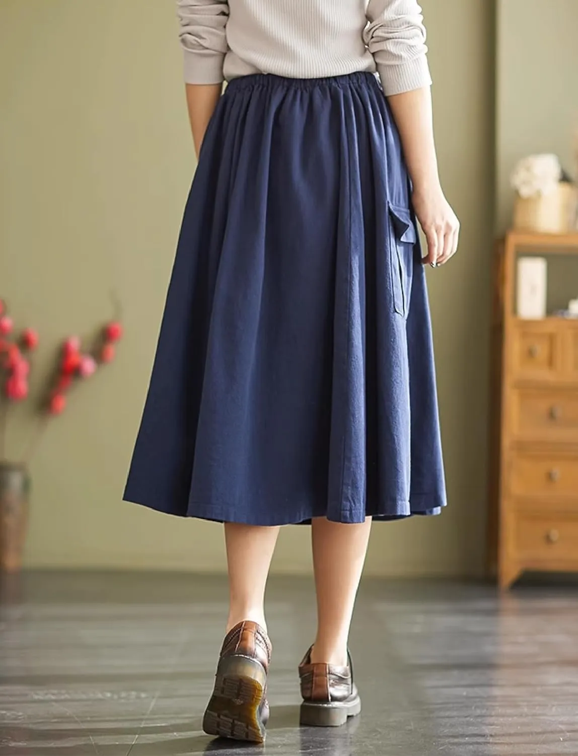 Cargo Maxi Skirt Women's Casual Elastic Waist Pleated A-Line Knee Length Skirt with Pocket for Work & Daily